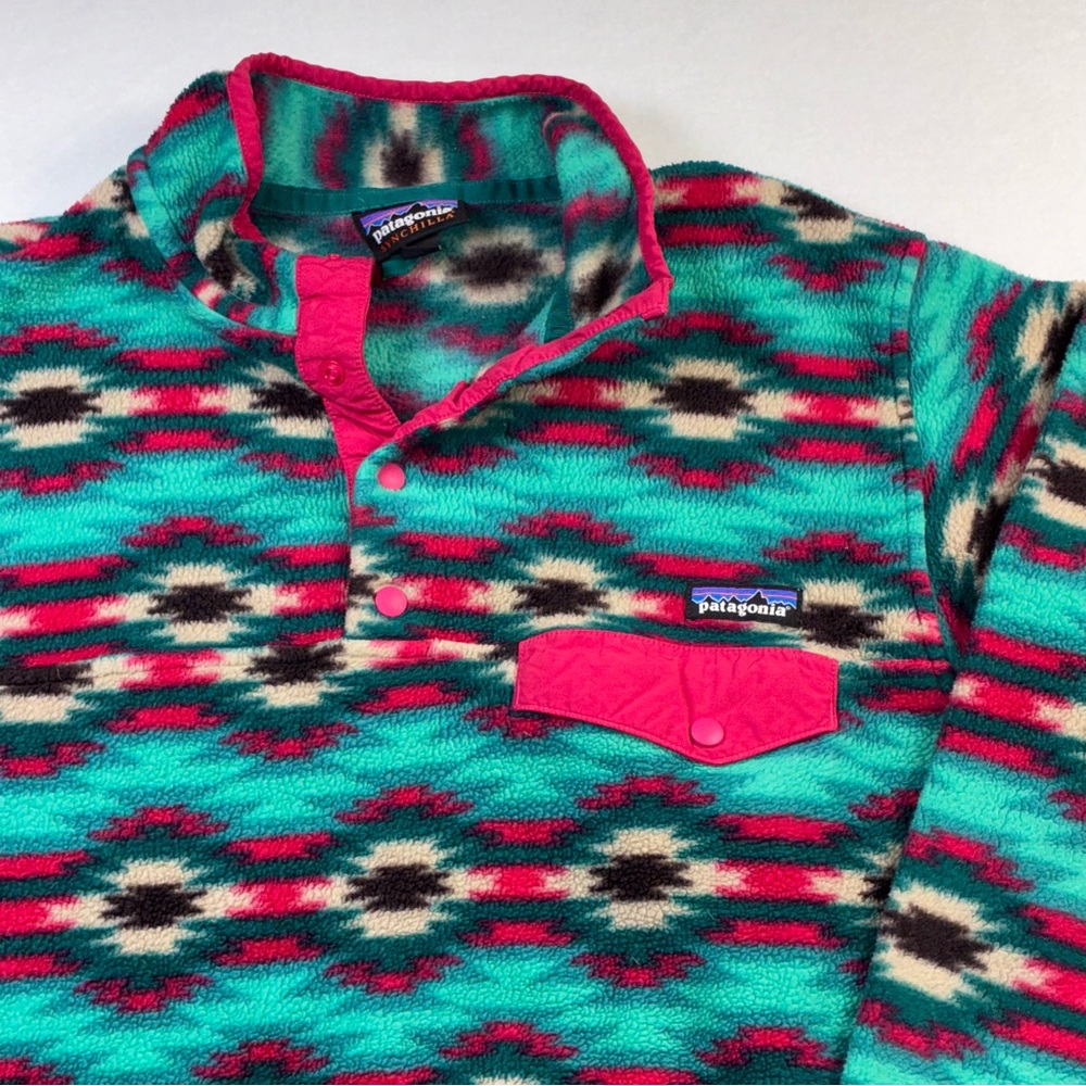 *RARE Patagonia Synchilla Teal Pink Aztec Fleece Snap T Women’s XL Gorpcore